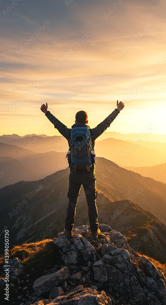 Back view of a solo traveler with a backpack standing on a mountain peak at sunrise, arms raised in celebration Back view of a solo traveler with a backpack standing on a mountain peak at sunrise, arms raised in celebration