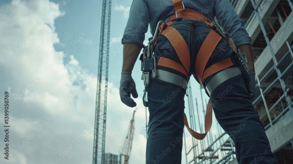 A Hispanic construction worker holding a safety harness. Featuring safety awareness and preparedness