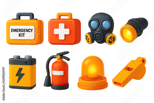 3D vector icons of disaster preparedness: emergency kit, first aid box, gas mask, flashlight, battery pack, fire extinguisher, warning siren, rescue whistle. Alert 3D shading