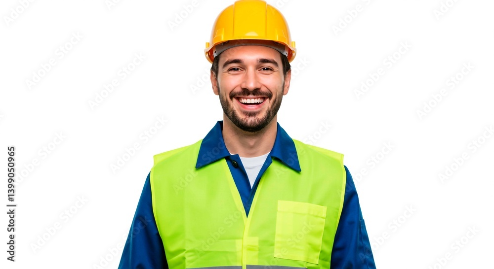 Smiling Caucasian construction worker in a yellow hard hat and safety vest, conveying safety and a positive attitude with copy space.
