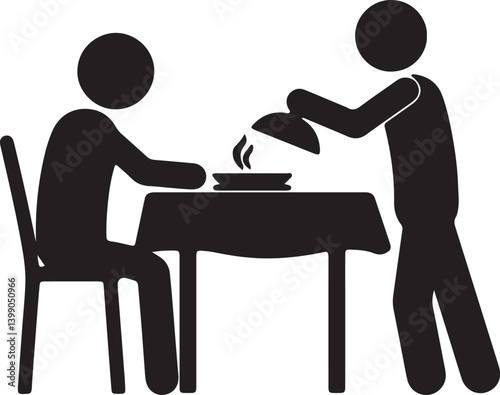 an illustration of a stickman eating at a dining table being served by a waiter