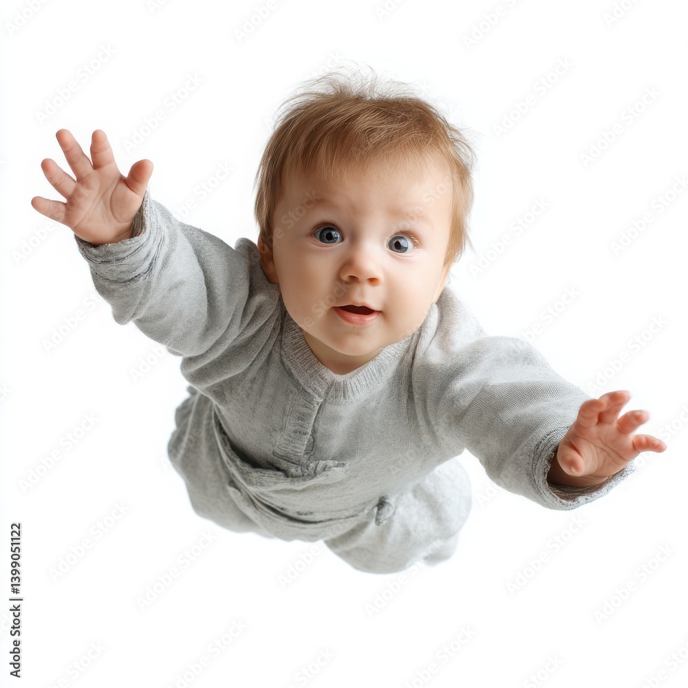 Low Angle Portrait: Adorable Baby Reaching Upward with Open Hands, Clear White Background, Studio Photography, Innocence, Curiosity, Childhood, Baby milestone Low Angle Portrait: Adorable Baby Reaching Upward with Open Hands, Clear White Background, Studio Photography, Innocence, Curiosity, Childhood, Baby milestone