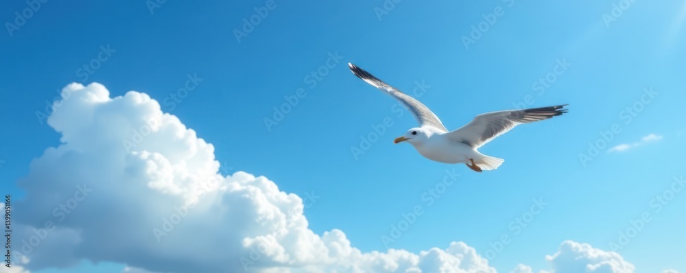 Obraz premium Soaring seagull against a bright blue sky with fluffy white clouds , blue sky, seagull