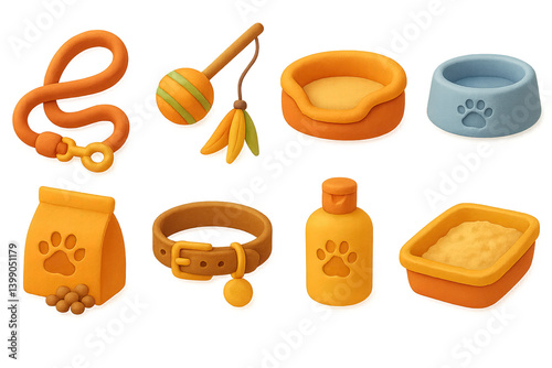 3D vector icons of pet toys: squeaky ball, rope toy, chew bone, feather stick catnip mouse, frisbee, plush toy, treat puzzle. Playful pet-friendly 3D design Icon set. isolated transparent background.
