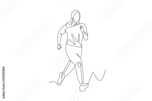 Muslim woman wearing hijab jogging. Hijabi jogging concept one-line drawing