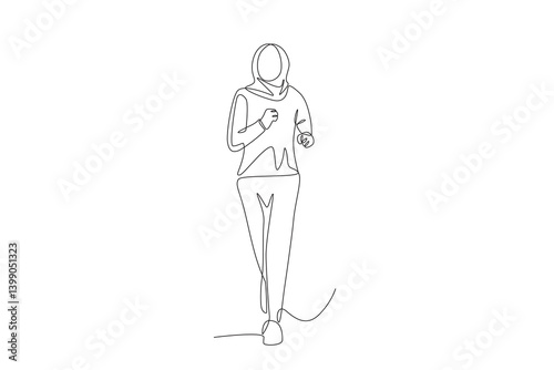 Muslim woman wearing hijab jogging. Hijabi jogging concept one-line drawing