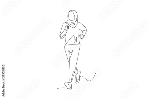 Muslim woman wearing hijab jogging. Hijabi jogging concept one-line drawing