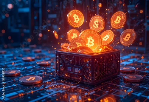 glowing crypto tokens emerging from a hardware wallet with digital network background