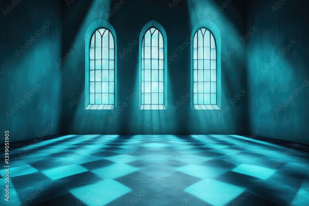Ancient church interior, teal-toned, dramatic lighting