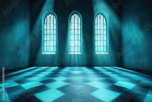 Obraz na płótnie Ancient church interior, teal-toned, dramatic lighting w salonie