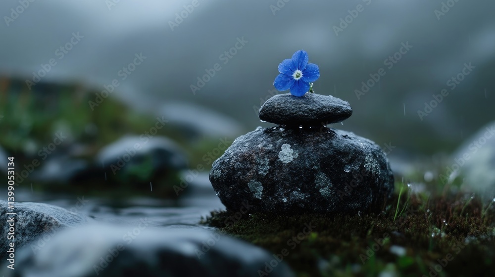Tiny blue flower atop stacked stones by a misty stream
