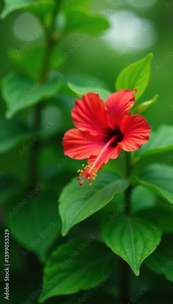 Single red hibiscus, blurred verdant backdrop, flower, natural Single red hibiscus, blurred verdant backdrop, flower, natural