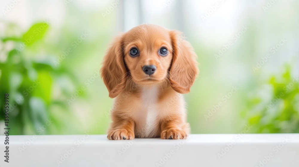 Adorable puppy, light brown color, resting on a surface, in front of a blurred background of greenery