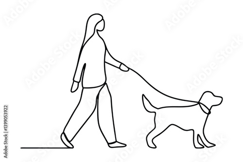 Woman Walking A Dog Line Art Illustration Simple Continuous Vector Drawing Style Minimalist Pet Ownership Companion Animal Design Concept Black And White
