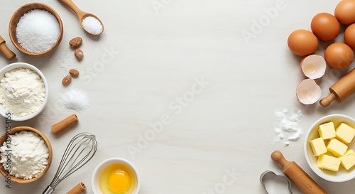 Baking Ingredients Flat Lay Flour, Eggs, Butter for Recipes