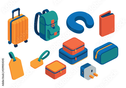 Isometric flat vector set of icons of travel gear: suitcase, travel backpack, neck pillow, passport holder, luggage tag, packing cubes, toiletry bag, adapter. isolated transparent background.