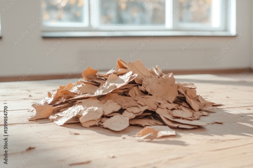 Pile of crumbled paper on wooden floor