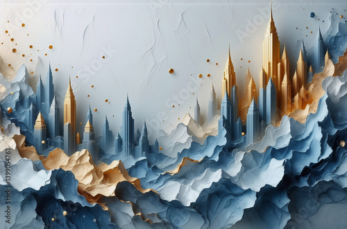 Abstract landscape with blue and gold peaks emerging from cloud-like formations. Dreamy, textured style creates an ethereal and imaginative vista. photo