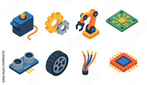 Isometric flat vector set of icons of robotics gear: servo motor, gear mechanism, robot arm, circuit board, sensor, wheel, wire bundle, processor. isolated transparent background.