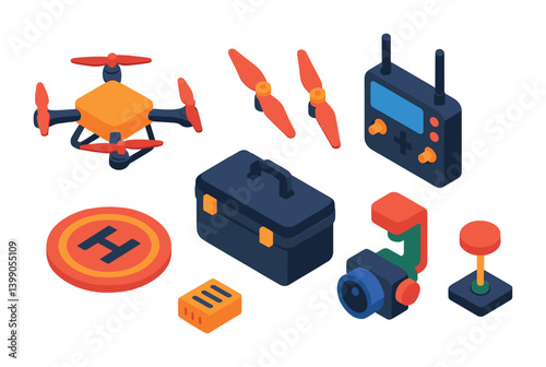 Isometric flat vector set of icons of drone photography: drone with cam, aerial view, flight path, gimbal, propellers, drone controller, GPS lock, altitude icon. isolated transparent background.