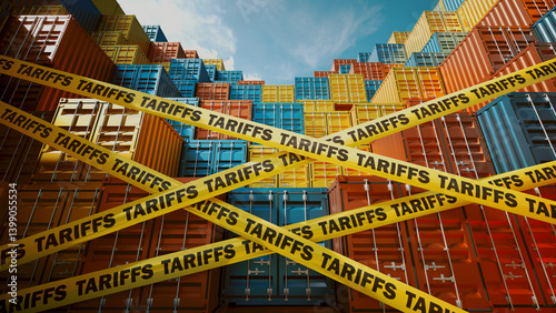 Shipping Containers Blocked by Tariffs Symbolized with Warning Tape