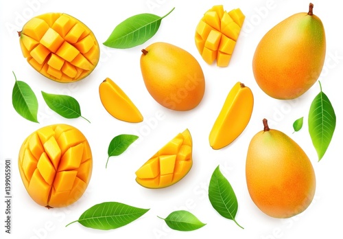 Fresh and Juicy Ripe Mangoes with Slices and Green Leaves on a White Background for Creative Culinary and Fruit-Themed Design Projects