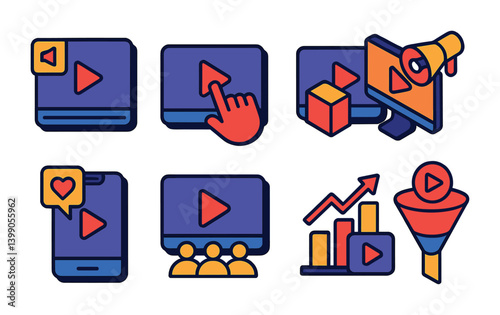 3d video marketing icons set for digital campaigns and online promotion