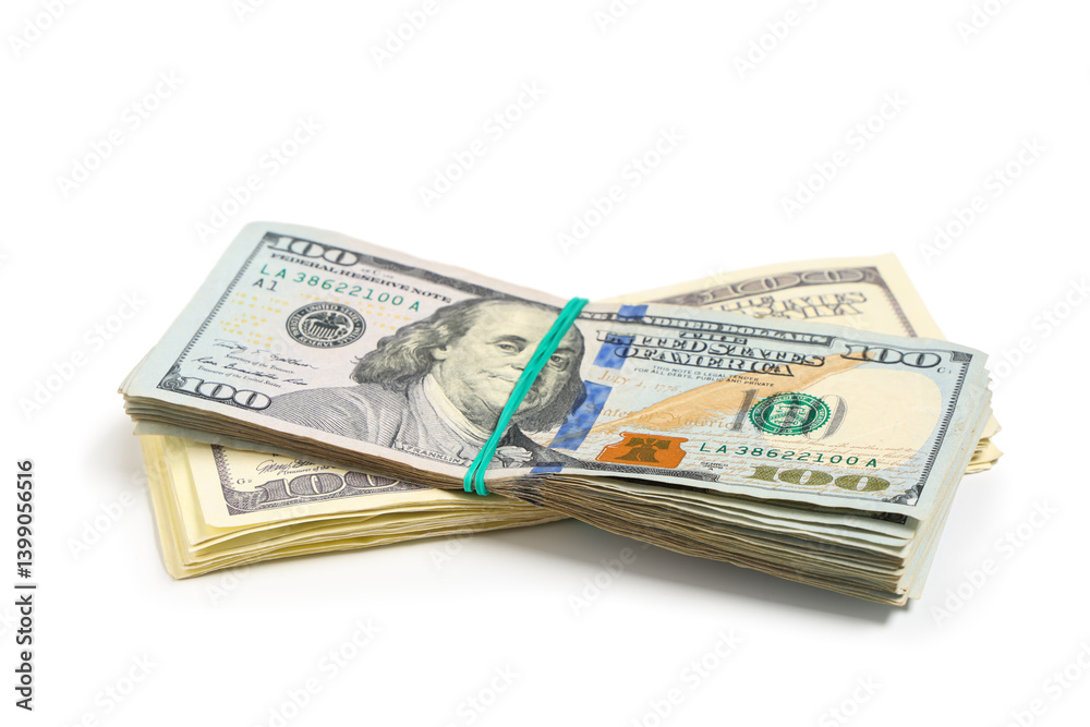 One hundred dollar banknotes tied with rubber bands on white background One hundred dollar banknotes tied with rubber bands on white background