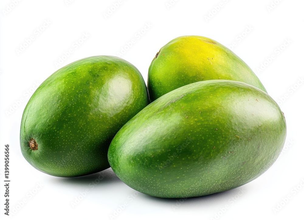 Fresh and Ripe Green Mangoes Arranged on a White Background Showing Glossy Skin and Natural Shine Ideal for Healthy Food and Tropical Fruit Themes Fresh and Ripe Green Mangoes Arranged on a White Background Showing Glossy Skin and Natural Shine Ideal for Healthy Food and Tropical Fruit Themes