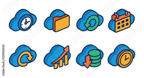 Isometric flat vector set of icons of backup settings: cloud upload, cloud download, restore, sync, drive, archive, schedule backup, memory card. isolated transparent background.