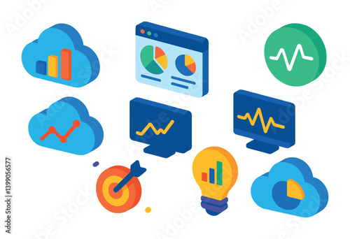 Isometric flat vector set of icons of heart in technology: AI love icon, robot with heart, heart in cloud, server with heart, smart heart, tech interface, data love, analytics heart. isolated