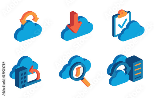 Isometric flat vector set of icons of cloud disaster recovery: recovery icon, failover cloud, restore arrows, plan backup, outage protection, site recovery, DR test icon, mirror server. isolated