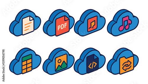 Isometric flat vector set of icons of backup settings: cloud upload, cloud download, restore, sync, drive, archive, schedule backup, memory card. isolated transparent background.