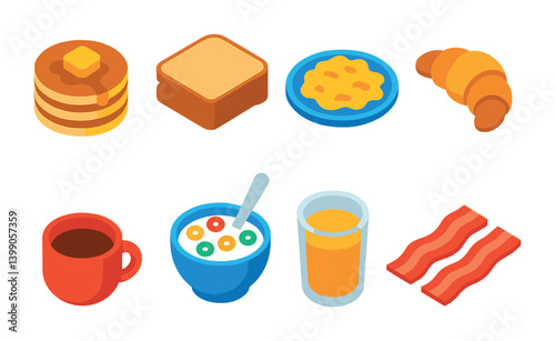 Isometric flat vector set of icons of breakfast items: pancakes, toast, scrambled eggs, croissant, coffee cup, cereal bowl, orange juice, bacon. isolated transparent background.