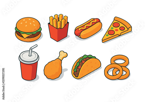 Colorful fast food icons set in vibrant 3d style featuring classic items
