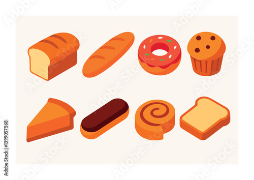 Isometric flat vector set of icons of bakery items: loaf of bread, baguette, donut, muffin, pie slice, eclair, cinnamon roll, toast. isolated transparent background.