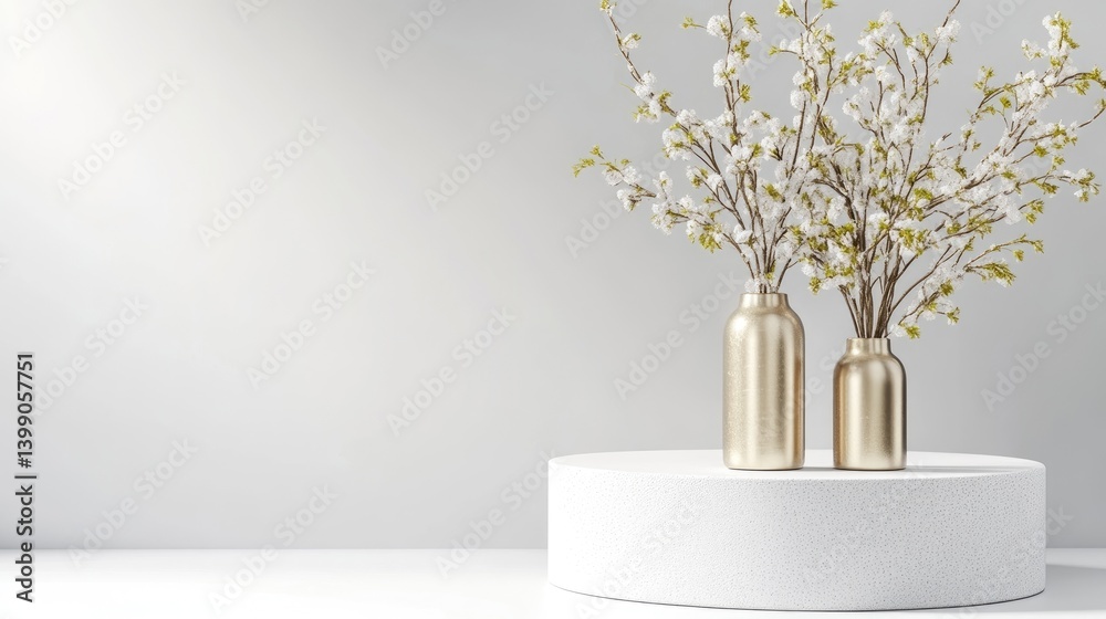 Elegant, minimalist display with flowering branches in golden vases on a white pedestal