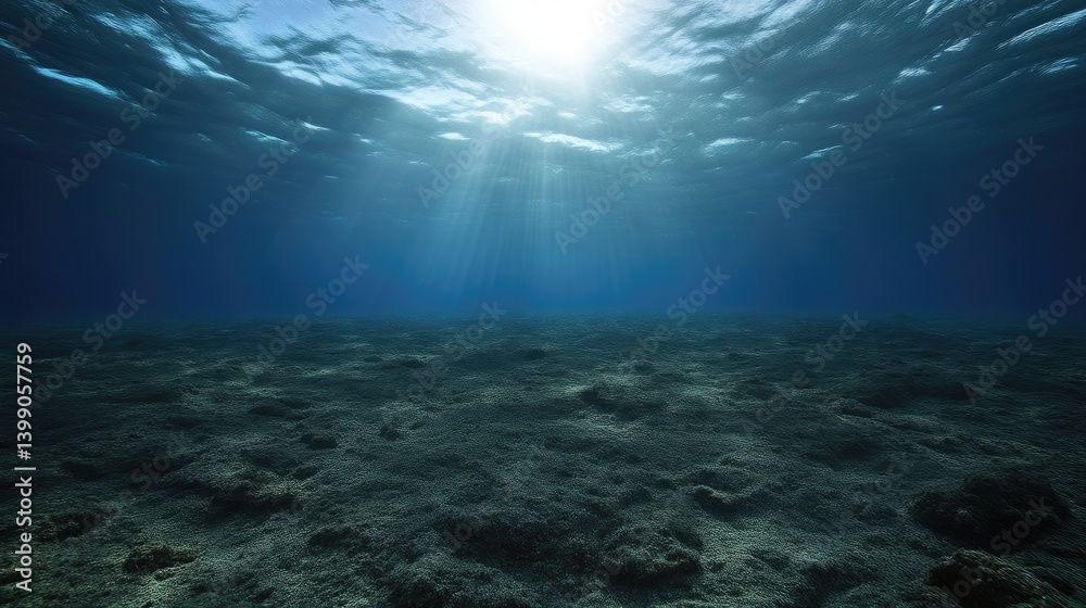 Sunlight penetrates a dark underwater plain