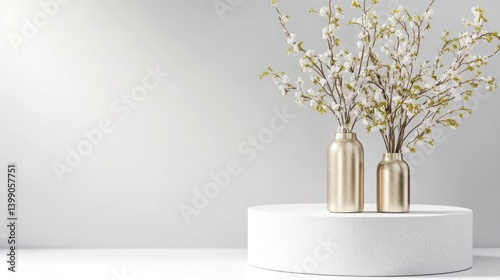 Obraz na płótnie Elegant, minimalist display with flowering branches in golden vases on a white pedestal w salonie