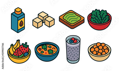 Isometric flat vector set of icons of vegan food: almond milk, tofu cubes, avocado toast, kale salad, fruit bowl, veggie curry, chia pudding, roasted chickpeas. . , icons isolated transparent