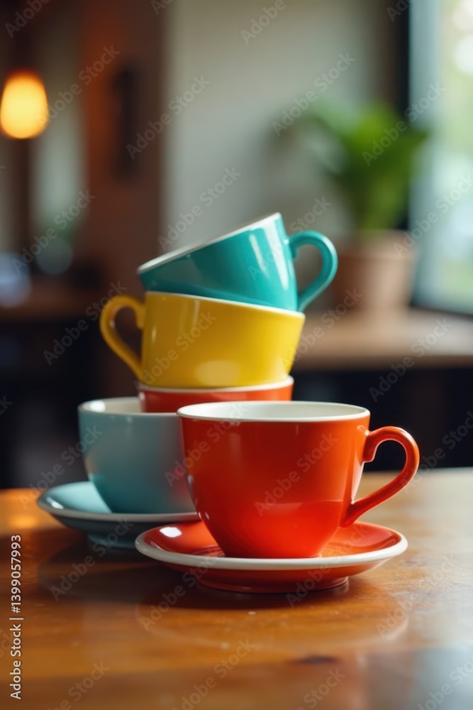 Fototapeta premium Colorful coffee cups stacked on a wooden table , coffee cups, coffee, wooden table