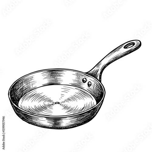 Frying Pan Sketch in Black and White on Transparent Background – Hand-Drawn Vector for Cooking or Kitchenware Design