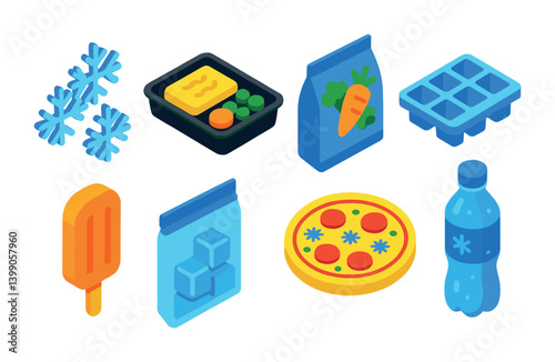 Colorful 3d icons set: frozen food and ice related items collection