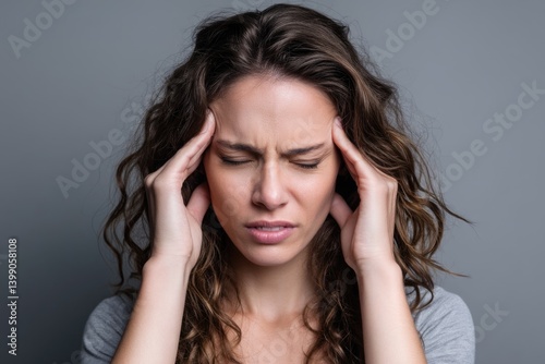 A woman is in distress due to a severe headache and migraine, visibly stressed. She is pressing her temples in an attempt to alleviate the pain against a gray backdrop, showcasing her discomfort.--ar