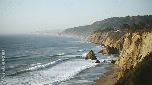 Coastal cliffs, ocean waves crashing on sandy beach, hills in background; perfect for travel brochures