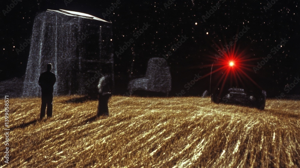 Mysterious figures stand in a field under a night sky, observing an alien structure