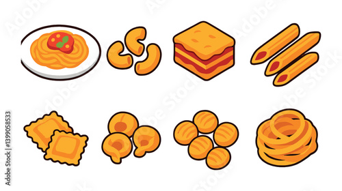 Italian pasta icons set: 3d style representations of classic pasta shapes