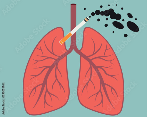 Smoking Damage to Lungs: Red Lungs with Cigarette and Smoke.