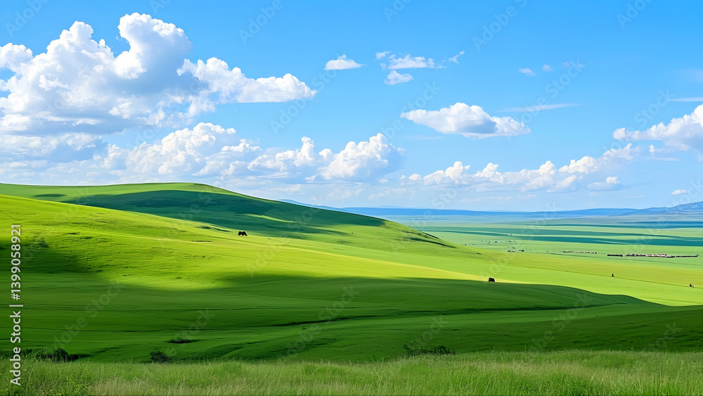 Blue sky, white clouds and green prairie Blue sky, white clouds and green prairie
