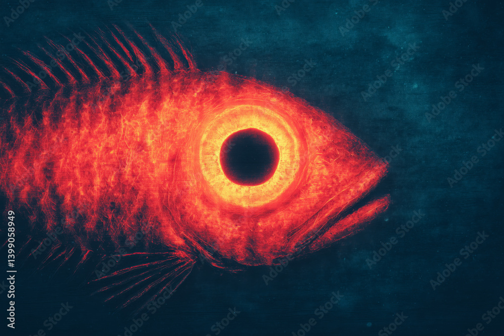Glowing red fish with exaggerated eye and textured body over dark blue background, symbolizing marine life, mystery and underwater themes